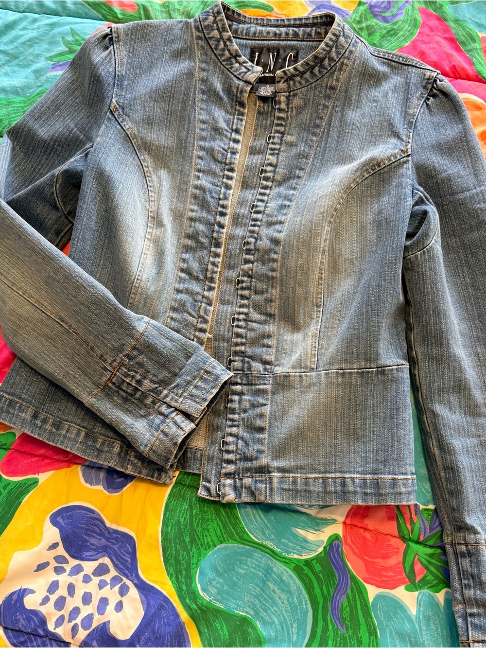 INC International Concepts Denim Jacket Medium Peplum Cropped Band Collar Blue